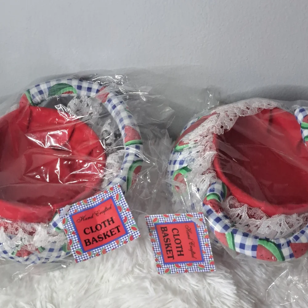 Hand Crafted Watermelon Red and Blue Cloth Basket Bundle NWT